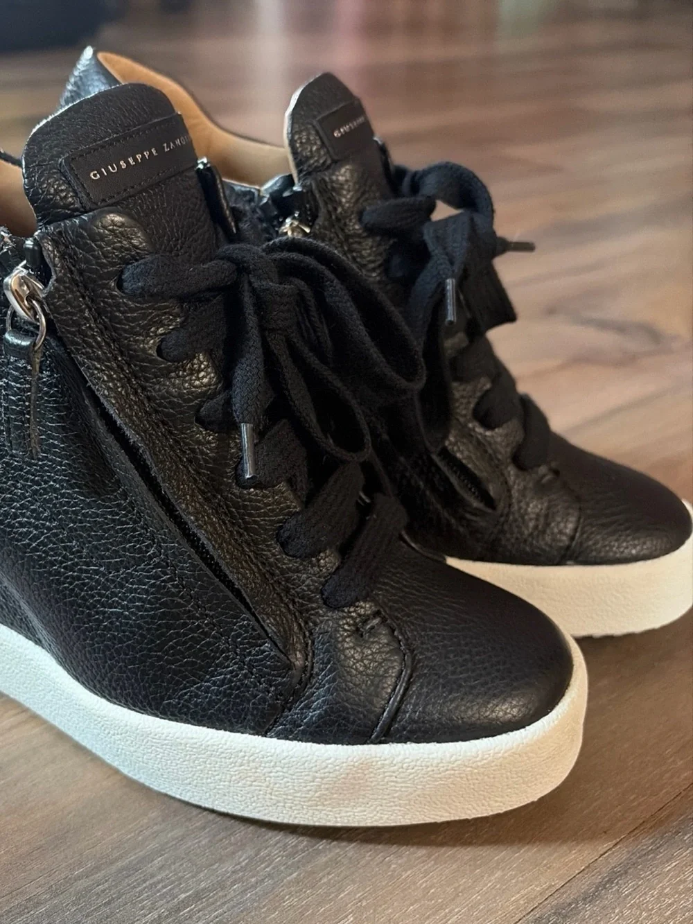 Giuseppe Zanotti Black Leather Wedge HighTop Sneakers White Sole Zip Italy 39.5